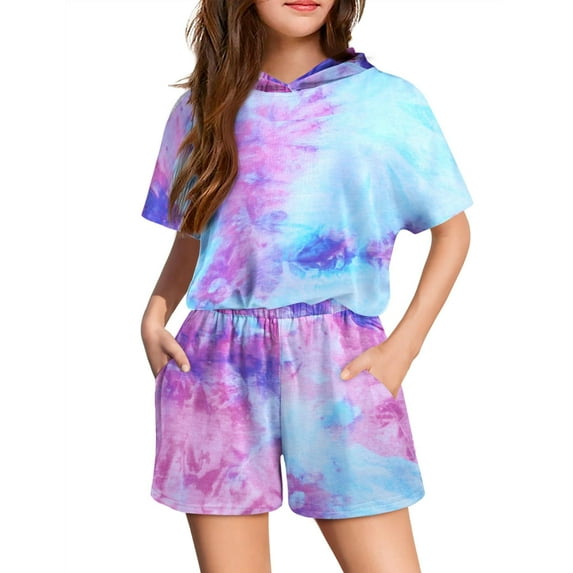 Arshiner Girls 2 Pieces Tie Dye Outfits Short Sleeve Pullover Crop Tops and Short Pants Sweatsuits Tracksuits