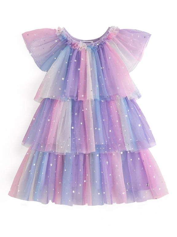 Girls Tulle Dress Toddler Layered Tutu Dresses Rainbow Sequin Summer Party Birthday Wedding Cake Dress Photo Shoot