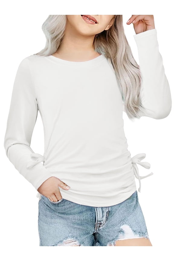 Girls Shirts Long Sleeve Ruched Knot Side Girls Long Sleeve Tops Casual Kids Tee Shirts
