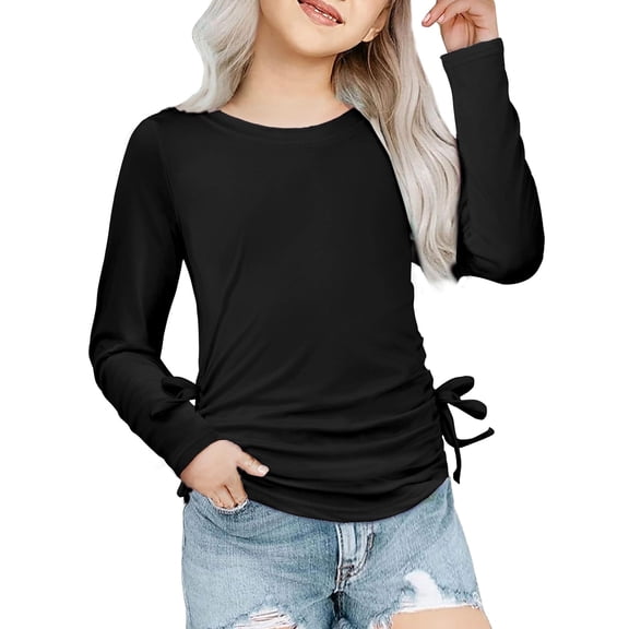 Arshiner Girls Black Long Sleeve Shirt Ruched Knot Side Black Girl Shirts Casual Long Sleeve Tunic for Girls Crew Neck Fall Tops for Girls 10-11 Years