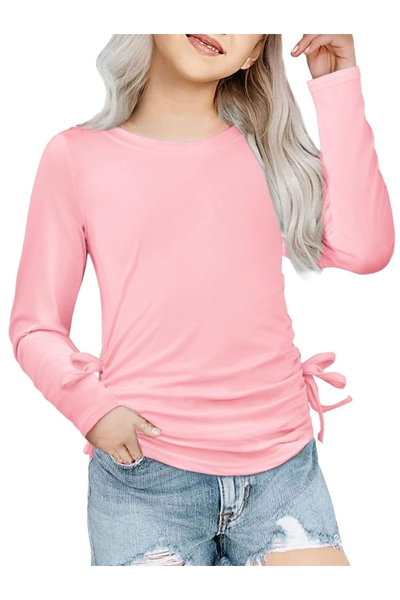Long Sleeve Shirts for Toddler Girls Ruched Knot Side Little Girls Shirts Size 5-6 Casual Crew Neck Girls Long Sleeve Tee 5-6 Years