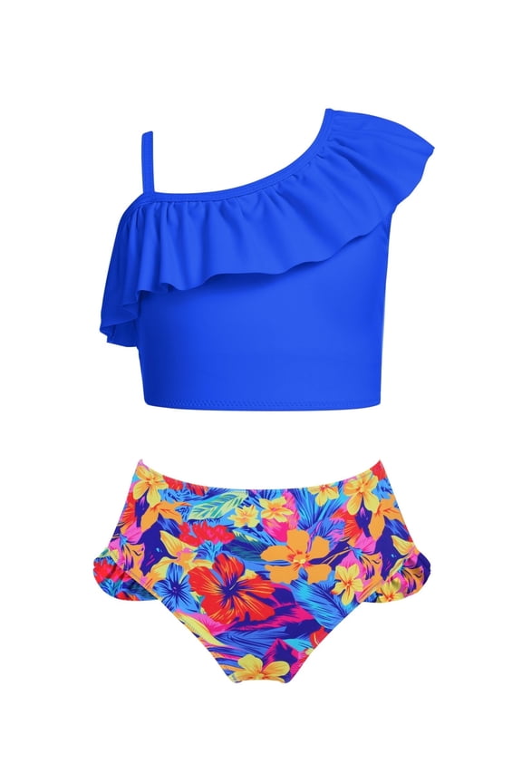 Girls Two Piece Swimsuit Ruffles Flounce Printed Bikini Set Swimwear Girl Bathing Suits Girls Swimsuit Rainbow - Fluid