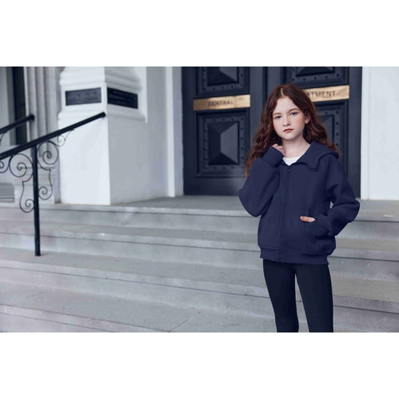 Arshiner Girls Zip Up Hoodies Black Teen Hooded Sweatshirts Fleece Track Jackets Kids Fall Winter Clothes Size 10-12 Navy Blue 130