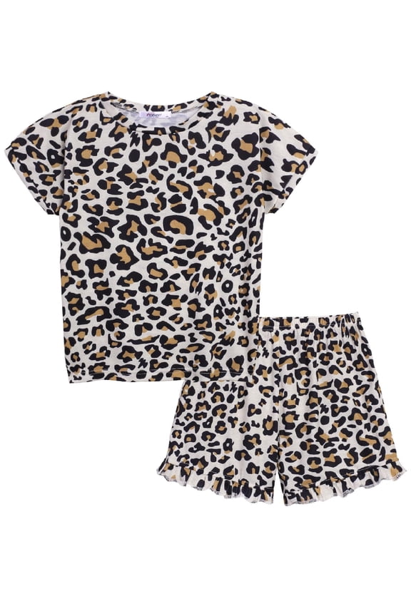 Kids Nightwear Pajama Set with Pockets Girls 2 Pieces Outfits for Summer Cow Printed