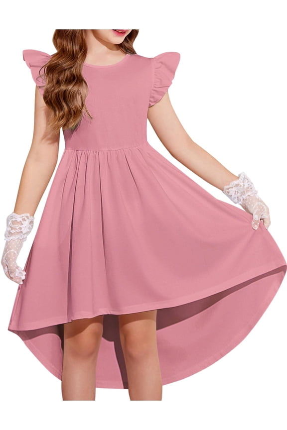 Girls Summer Dress Tween Flutter Sleeve High Low Formal Dresses for Wedding Party with Pocket