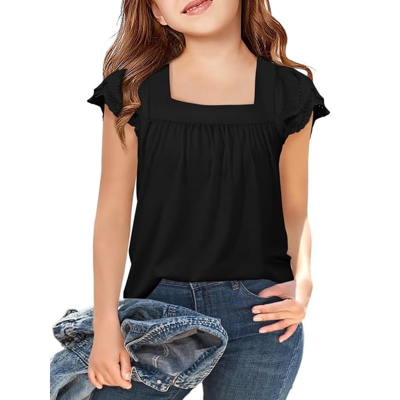 Arshiner Girls Summer Tops Short Sleeve Square Neck Lace Openwork Pleated Blouse Tunic Tops