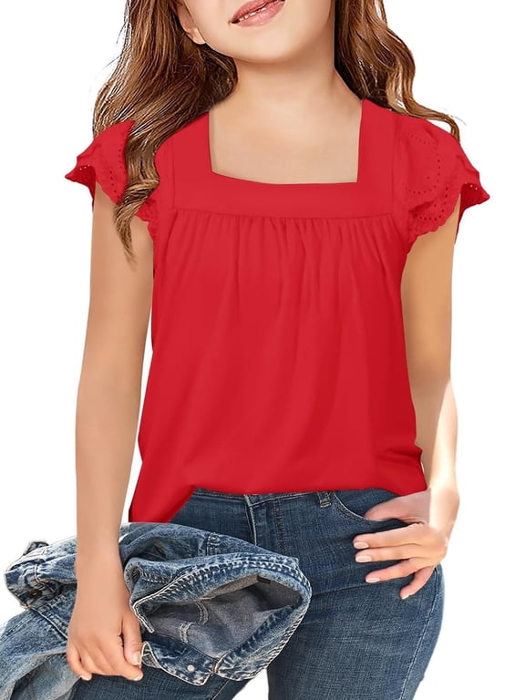 Girls Summer Tops Short Sleeve Square Neck Lace Openwork Pleated Blouse Tunic Tops