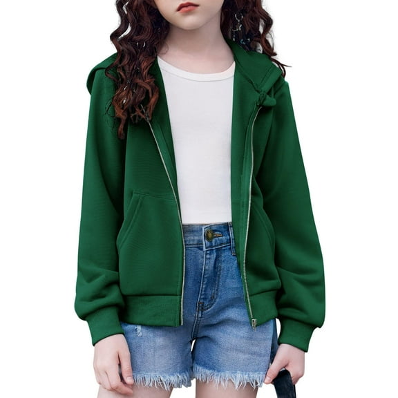 Arshiner Girls Trendy Plain Green Hoodie Cool Sweatshirts Crop Tops With Pockets Zip Up Hoodies Size 10-12