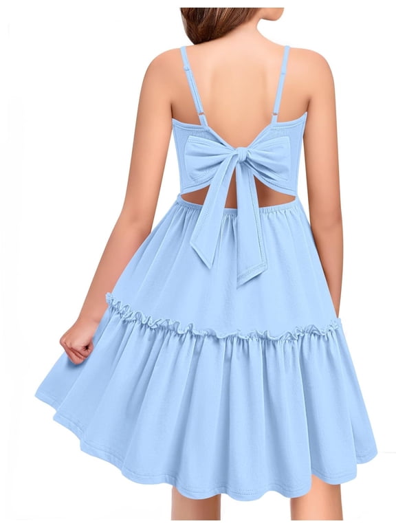 Girls Tie Back Dress Spaghetti Strap Ruffle Hem Casual Summer Beach Sundress with Pockets