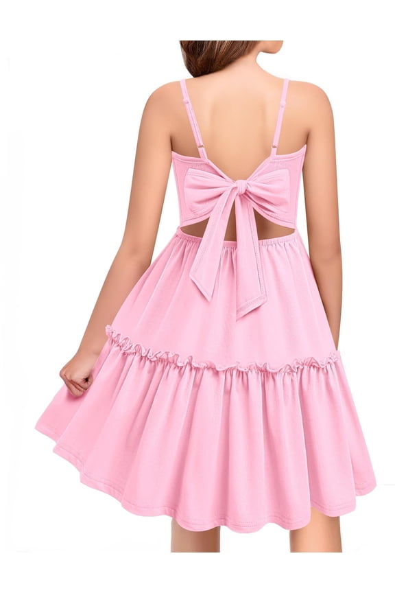 Tie Back Dresses for Girls Spaghetti Strap Ruffle Casual Summer Easter White Pink Teen Girls Dresses 8-10