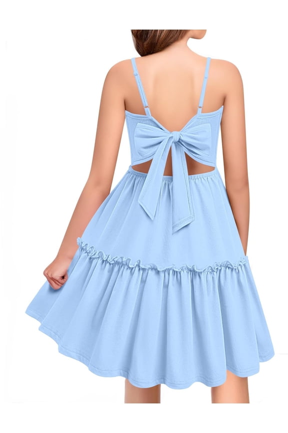 Tie Back Dresses for Girls Casual Summer Adjustable Strap Little Kids Black Wedding Dress with Pockets Girls Spring Dresses Size 10-12
