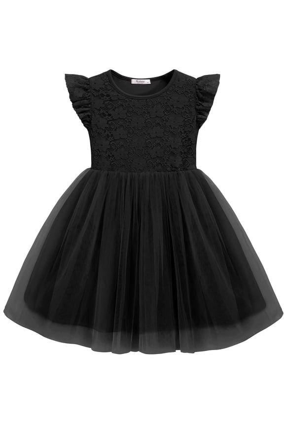 Toddlers Black Tulle Dresses Flower Wedding Party Birthday Formal Funeral Lace Tutu Ruffle Sleeve Summer Toddler Girls Dress 5t