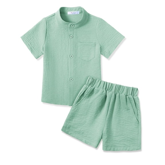 Arshiner Toddler Boy Clothes Summer Outfits Short Sleeve Button Down Shirt and Shorts Set with Pockets Light Blue 6-7 Years