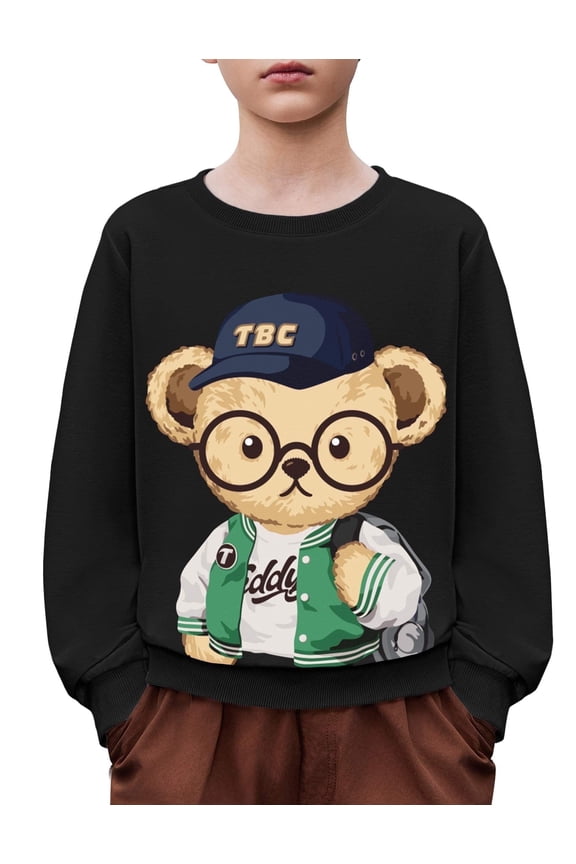 Toddler Boy Crewneck Graphic Sweatshirt Long Sleeve Teddy Bear Sweat Shirt Cute Pullover Top for Kid 2-10Years Black Teddy Bear 110