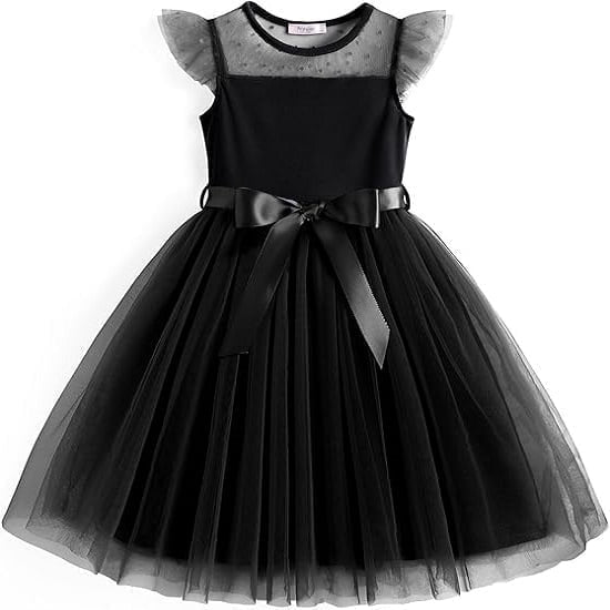 Arshiner Toddler Dress Girls Summer Ruffle Sleeve Mesh A Line Formal Party Tulle Dresses with Pockets Black