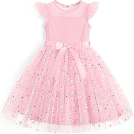 Arshiner Girls Toddler Dress Summer Ruffle Sleeve Mesh A Line Formal Party Tulle Dresses with Pockets