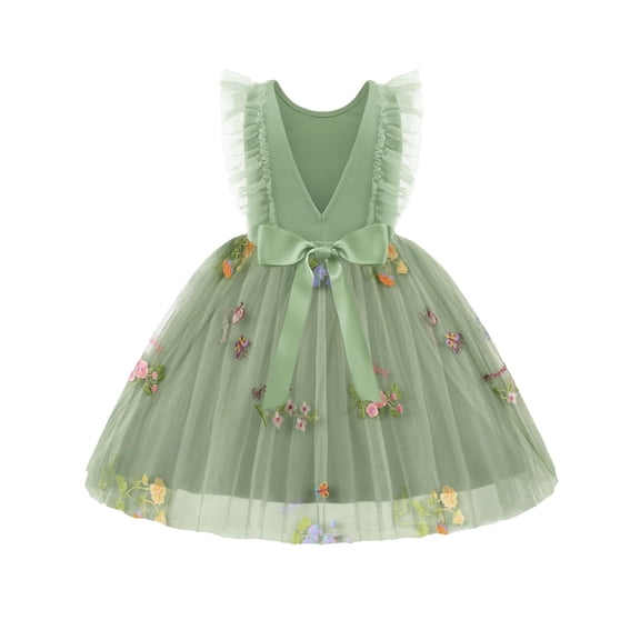 Arshiner Toddler Dress Summer Ruffle Sleeve V-Back Tie Waist Flower Girl Dresses Wedding Tulle Outfit