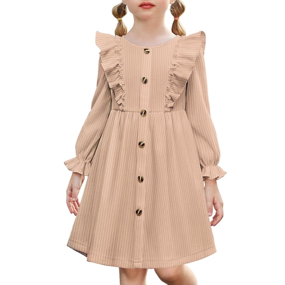 Arshiner Toddler Fall Winter Sweater Dress Ruffle Long Sleeve Ribbed Knit Button Down Casual Dresses with Pockets
