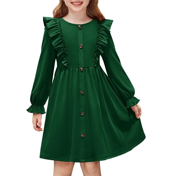Arshiner Toddler Fall Winter Sweater Dress Ruffle Long Sleeve Ribbed Knit Button Down Casual Dresses with Pockets