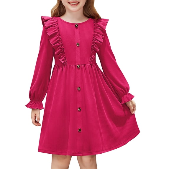Arshiner Toddler Fall Winter Sweater Dress Ruffle Long Sleeve Ribbed Knit Button Down Casual Dresses with Pockets