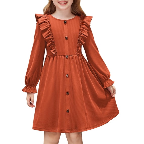 Arshiner Toddler Fall Winter Sweater Dress Ruffle Long Sleeve Ribbed Knit Button Down Casual Dresses with Pockets