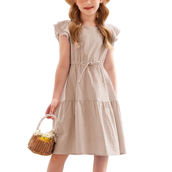 Arshiner Toddler Cotton Linen Dress Summer Casual Party Double-Ruffle Sleeves Dresses