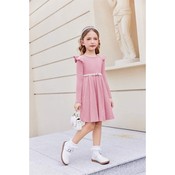 Arshiner Toddler Girl Dress Baby Girls Knitted Ruffle Sleeve Pocket Dresses A-Line Flared Fall Winter Clothes Beige for 4-5T