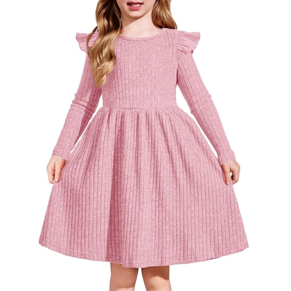Arshiner Toddler Girl Dress Baby Girls Knitted Ruffle Sleeve Pocket Dresses A-Line Flared Fall Winter Clothes