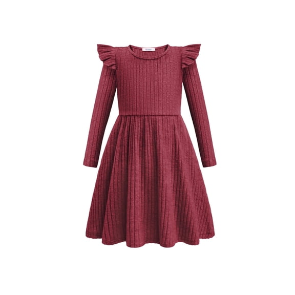 Arshiner Toddler Girl Dress Baby Girls Knitted Ruffle Sleeve Pocket Dresses A-Line Flared Fall Winter Clothes Beige for 4-5T