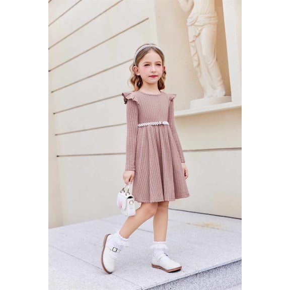 Arshiner Toddler Girl Dress Baby Girls Knitted Ruffle Sleeve Pocket Dresses A-Line Flared Fall Winter Clothes Beige for 4-5T