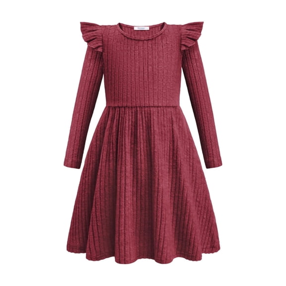 Arshiner Toddler Girl Dress Baby Girls Knitted Ruffle Sleeve Pocket Dresses A-Line Flared Fall Winter Clothes Beige for 4-5T