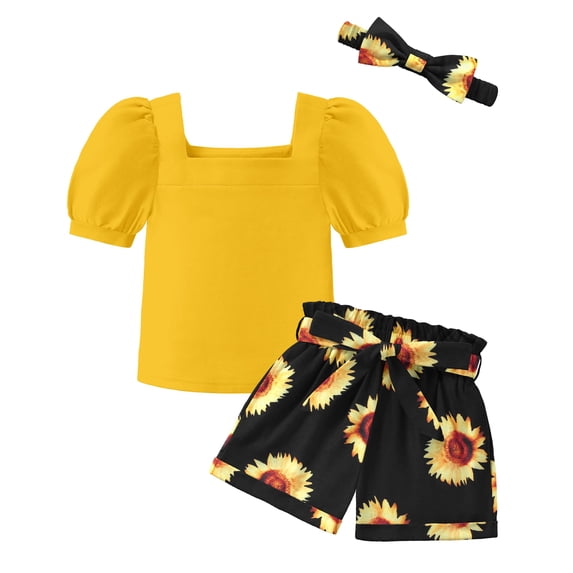 Arshiner Toddler Girls 3 Piece Outfit Set Puff Sleeve Square Neck Top with Shorts and Matching Headband Summer Clothes