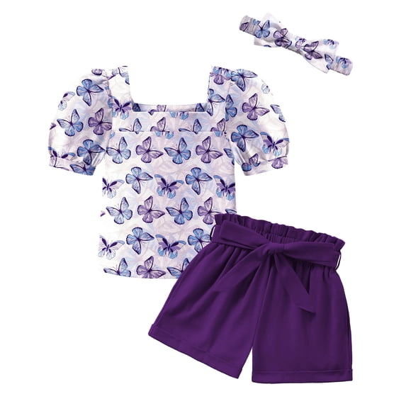 Arshiner Toddler Girls 3 Piece Outfit Set Puff Sleeve Square Neck Top with Shorts and Matching Headband Summer Clothes