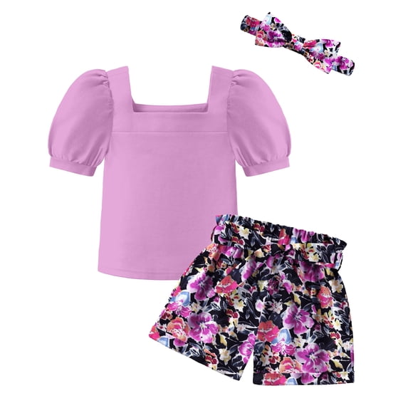 Arshiner Toddler Girls 3 Piece Outfit Set Puff Sleeve Square Neck Top with Shorts and Matching Headband Summer Clothes