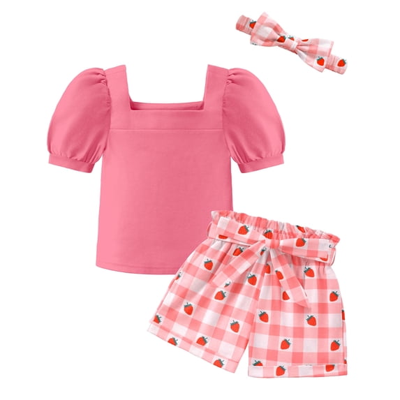 Arshiner Toddler Girls 3 Piece Outfit Set Puff Sleeve Square Neck Top with Shorts and Matching Headband Summer Clothes