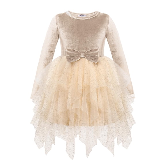 Arshiner Toddler Girls Dresses Sparkly Tulle Dress Fall winter Velvet Dresses for Toddler, Irregular Tulle and Cute Bowknot Design, Great for Halloween Christmas Holiday Party