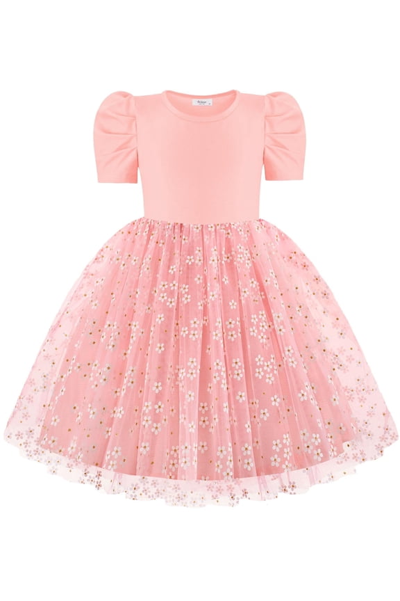 Toddler Girl Pink Dresses Puff Sleeve Tutu Tulle Summer Party Formal Wedding Flower Little Kids Dress 3t