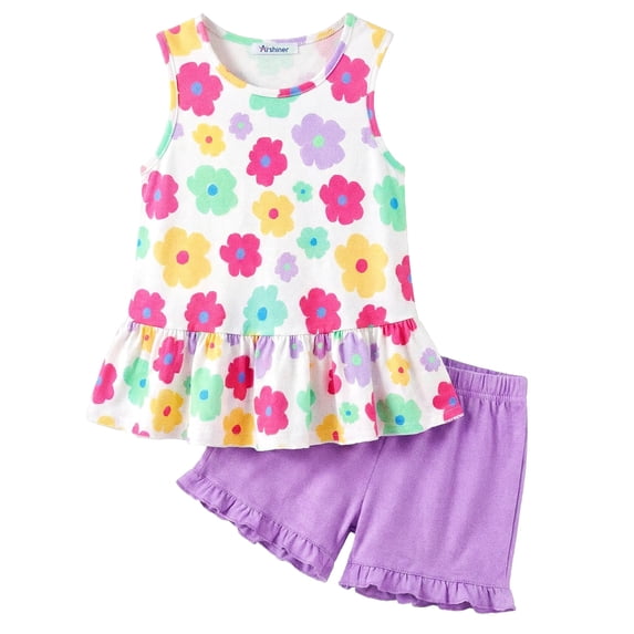 Arshiner Toddler Girls Summer Outfit Sleeveless Ruffle Top and Elastic Shorts Set Kids Short Set