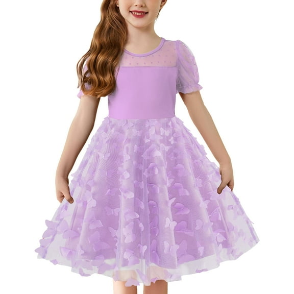 Arshiner Toddler Girls Tulle Summer Puff Sleeve Baby Girls Tutu Princess Party Casual Dress 5-6 Year