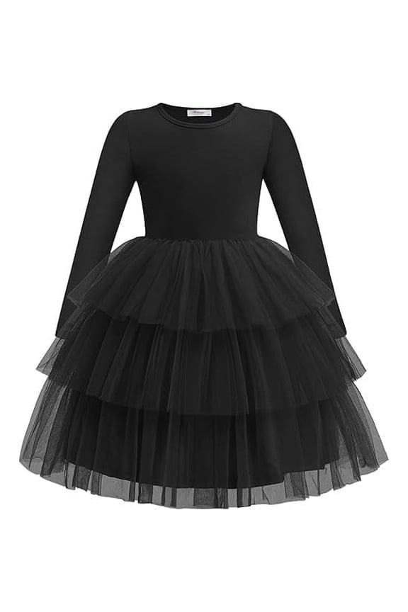 Toddler Tutu Dress Girls Long Sleeve Black Funeral Tiered Formal Party Tulle Dresses for Kids 6 Years