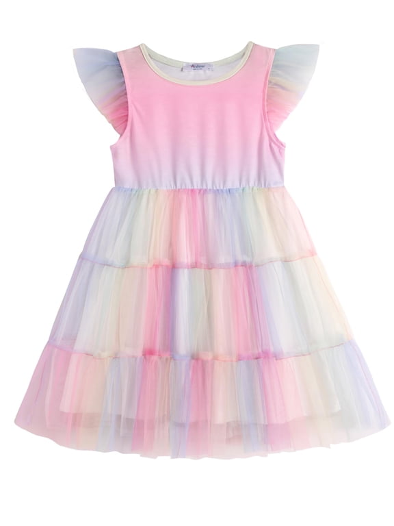 Toddler Tutu Dress Girls Rainbow Tulle Dresses Ruffle Tiered Swing Twirly Summer Sundress