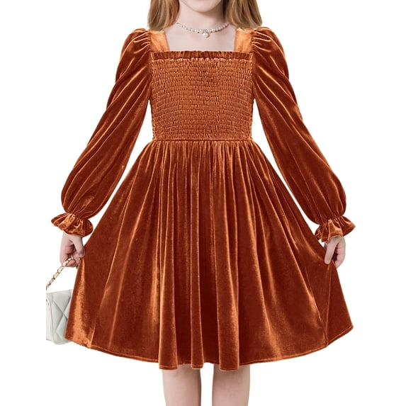 Arshiner Toddler Velvet Dress Girl Smocked Puff Sleeve Square Neck Dresses with Pockets for Fall Winter, A-Line Flowy Midi Dress