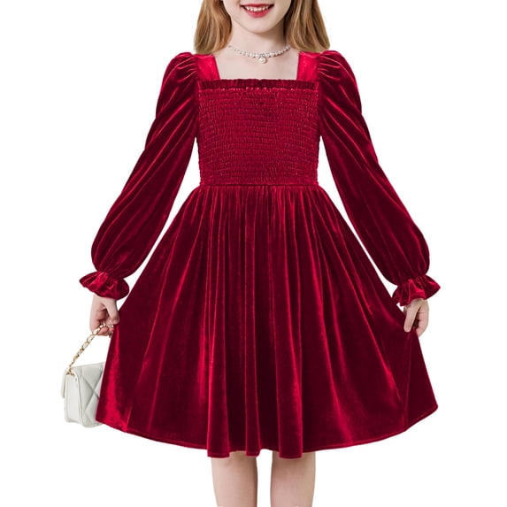 Arshiner Toddler Velvet Dress Girl Smocked Puff Sleeve Square Neck Dresses with Pockets for Fall Winter, A-Line Flowy Midi Dress