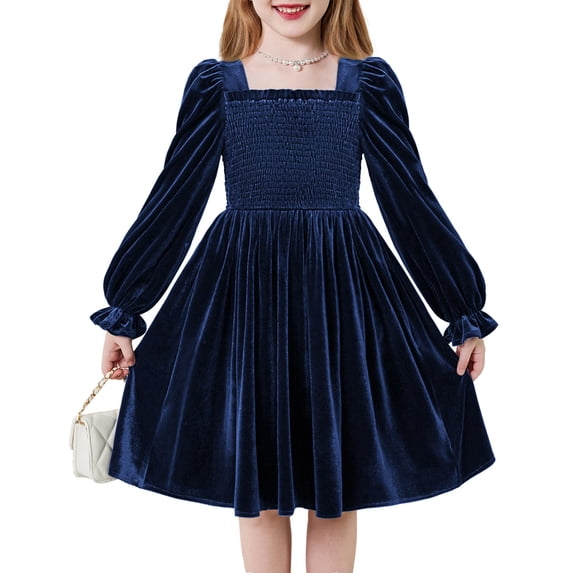 Arshiner Toddler Velvet Dress Girl Smocked Puff Sleeve Square Neck Dresses with Pockets for Fall Winter, A-Line Flowy Midi Dress