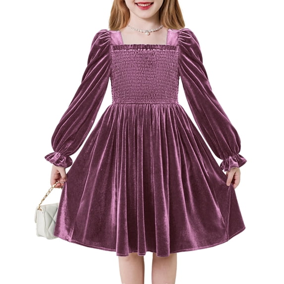 Arshiner Toddler Velvet Dress Girl Smocked Puff Sleeve Square Neck Dresses with Pockets for Fall Winter, A-Line Flowy Midi Dress