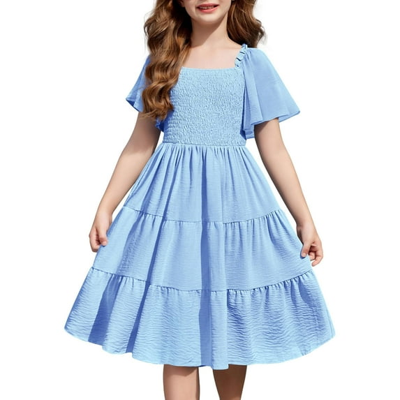 Arshiner Tween Girl Blue Easter Summer Dresses Fancy Beach Tiered Midi Dress with Pockets for 9-10 Years