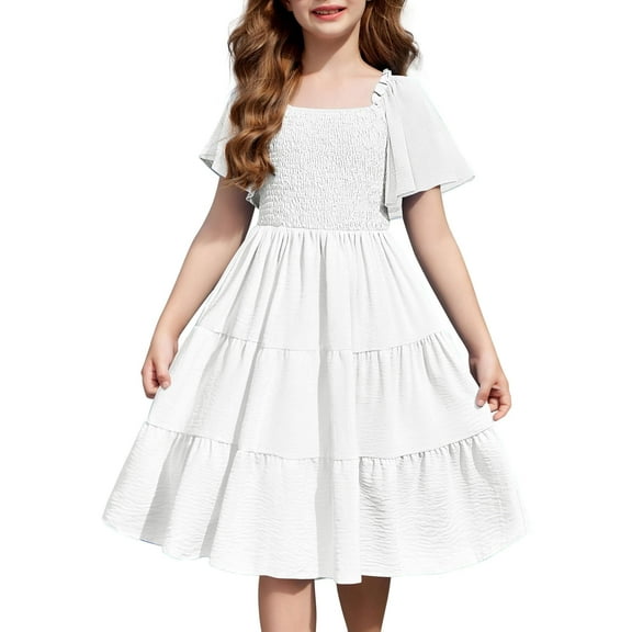 Arshiner Girls Summer Dress White Spring Party Wedding Baptism Swing Flowy Ruffle Dresses for Size 8