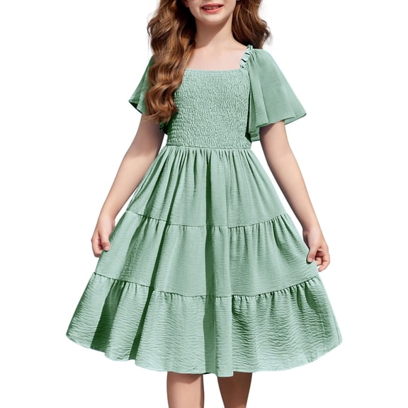 Arshiner Girls Summer Dress Tween Casual Smocked Swing Flowy Ruffle Midi Dresses with Pockets