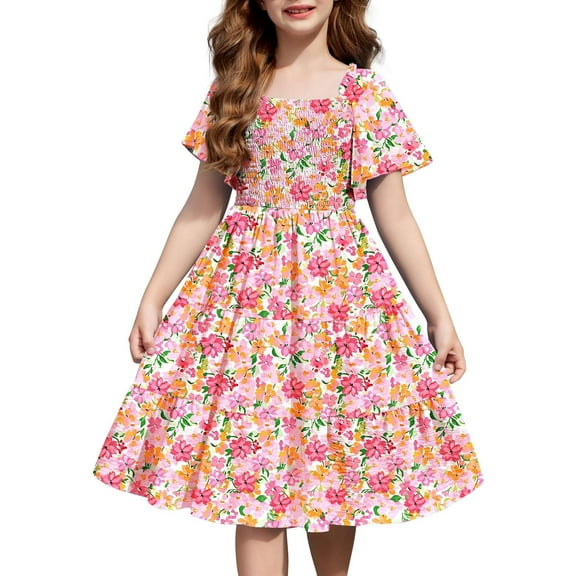 Arshiner Tween Girls Easter Summer Dress Pink Floral Boho Hawaiian Beach Swing Flowy Ruffle Dresses for 7-8Y