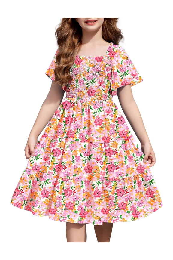 Tween Girls Summer Dress Easter Pink Floral Boho Beach Smocked Tiered Dresses with Pockets for 10-11Y
